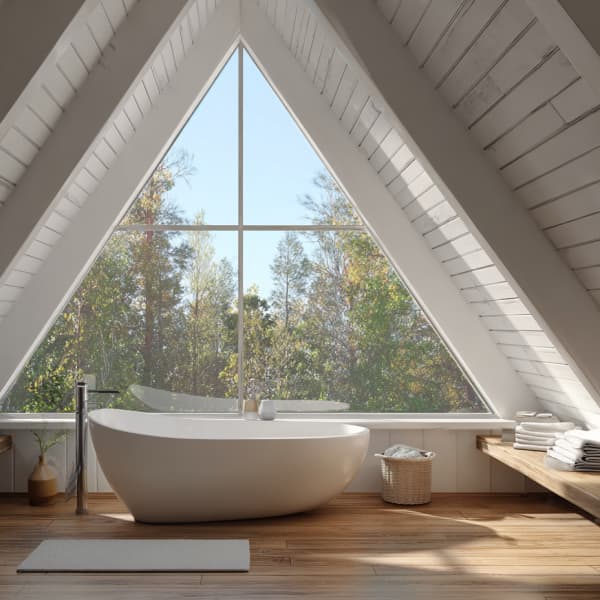 Modernes Badezimmer mit freistehender Badewanne und Dreiecksfenster