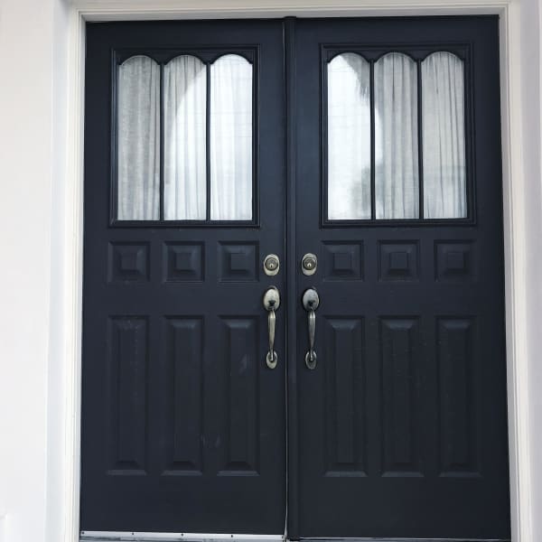 Haustür mit zwei Flügeln, Glaselementen und Kassettenoptik