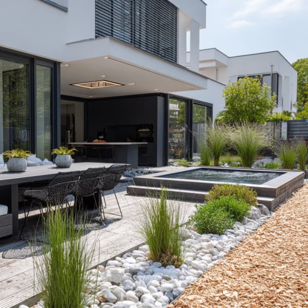 Garten mit Terrasse, Whirlpool, Steinbeet und Holzdielen als Terrassenbelag.