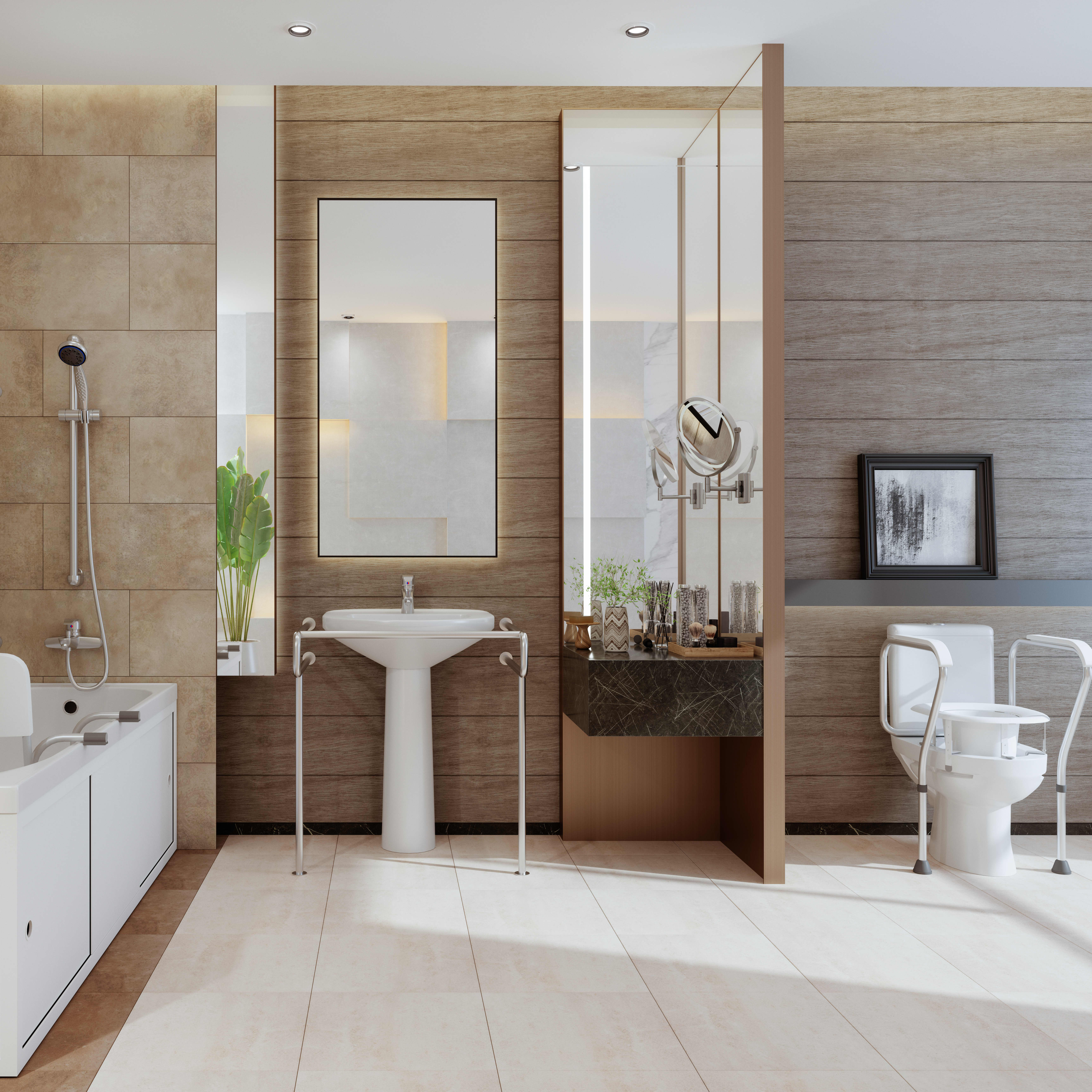 Modernes Badezimmer-Interieur mit Badewanne, WC und Waschbecken in barrierefreier und behindertengerechter Ausführung