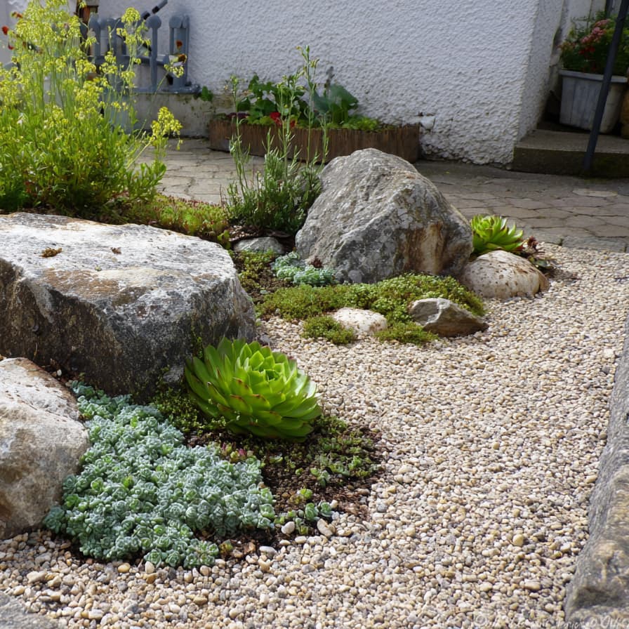 Steingarten mit großen Findlingen, Kies und Pflanzen.