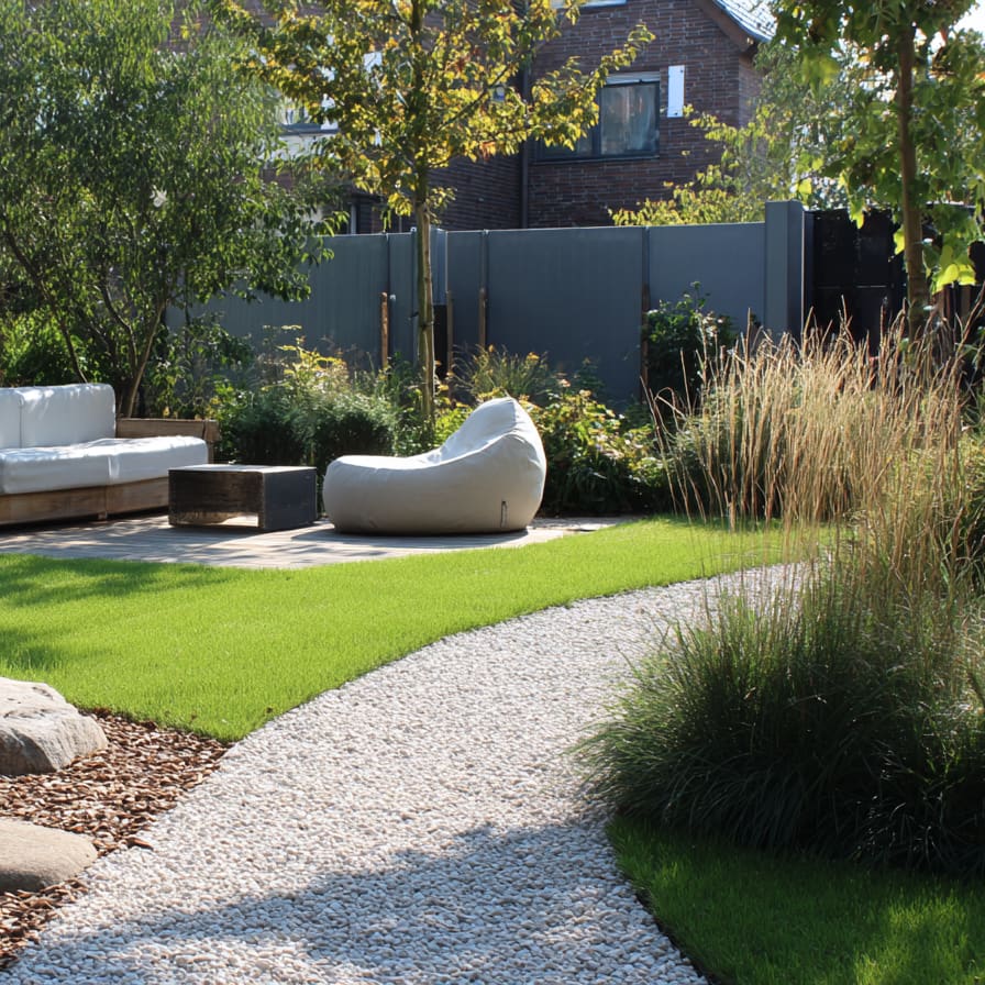 Ein Garten mit Kiesweg, einer Sitzlounge und angelegten Beeten.