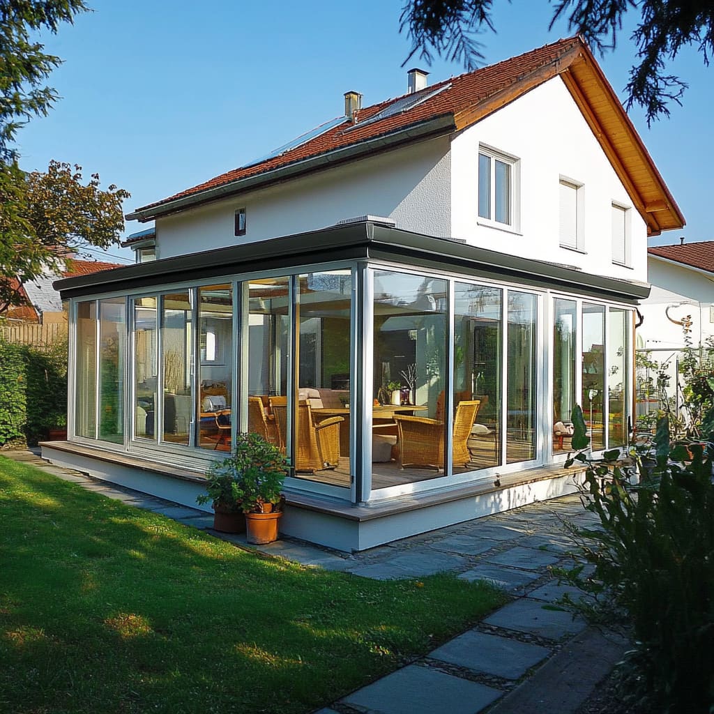 Wintergarten-Bausatz als Warmwintergarten angebaut ans Haus.