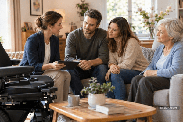 Eine Familie bespricht gemeinsam mit einer Beraterin mögliche Lösungen für mehr Mobilität und Komfort im eigenen Zuhause. Im Vordergrund steht ein elektrischer Rollstuhl in einem hellen, wohnlichen Wohnzimmer.