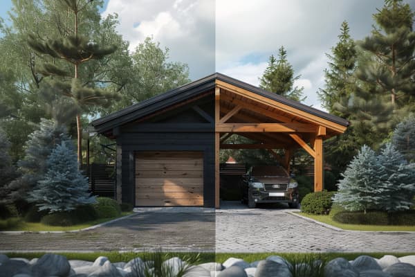 Gegenüberstellung von Garage und Carport in einem Bild. Dargestellt ist ein Gebäude, das auf der linken Seite eine Garage ist, rechts ein Carport mit untergestelltem Auto.