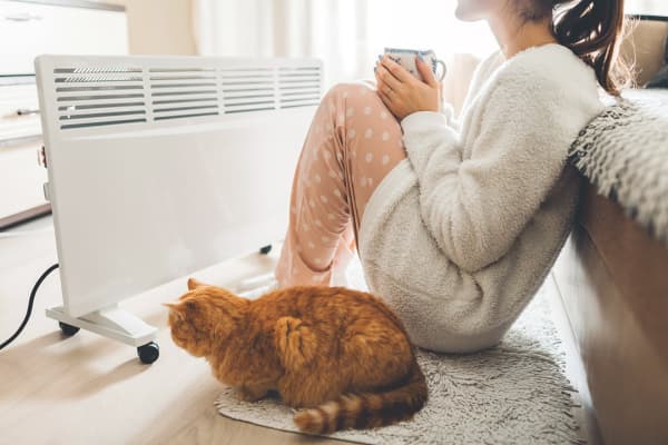 Frau und Katze sitzen vor Heizung