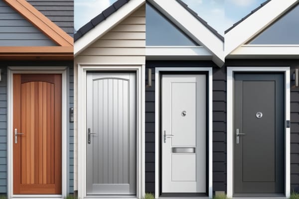 vier Nebeneingangstüren aus verschiedenen Materialien nebeneinander
