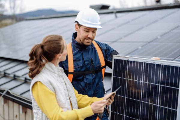 Hauseigentümerin lässt sich von einem Handwerker zum Thema Solaranlage vor einem Solardach beraten.