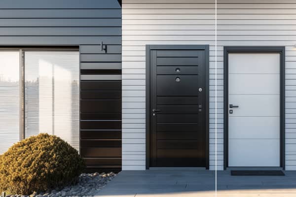 schwarze Aluminium-Haustür neben weißer Kunststoff-Haustür