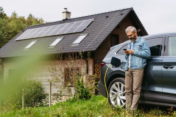 Mann steht mit Smartphone in der Hand an seinem Elektroauto, das gerade lädt, vor einem Haus mit Solarmodulen auf dem Dach