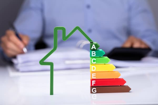 Modell der Energieeffizienzklassen für Häuser, im Hintergrund ein Energieberater am Schreibtisch