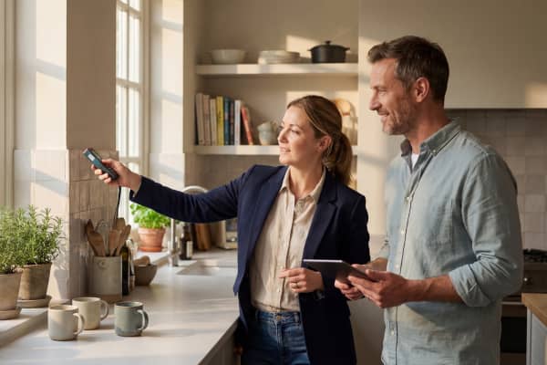 Küchen‑Expertin nimmt bei der Vor‑Ort‑Beratung genau Maß für die neue Küche – unterstützt Hausbesitzer bei Planung, Design und Aufmaß.