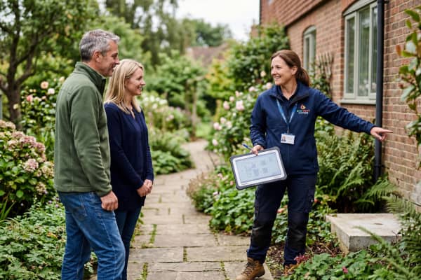 Bei der Erstberatung zur Wärmepumpe bespricht eine Heizungsfachfrau im Garten mit einem Hausbesitzerpaar die möglichen Standorte für die Anlage. Eine persönliche Vor‑Ort‑Beratung hilft, das System perfekt an Gebäude, Stromanschluss und Platzverhältnisse anzupassen.