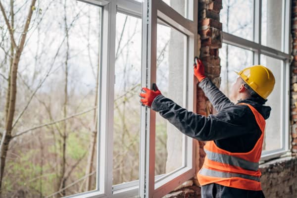 Montage energieeffiziente Fenster durch Handwerker mit Schutzhelm und Warnweste