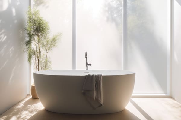 Das Bild zeigt ein modernes Badezimmer mit Sichtschutzfolie am Fenster