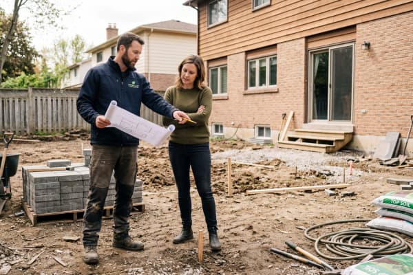 Ein Garten‑Landschaftsbauer und eine Hausbesitzerin besprechen Baupläne im noch unfertigen Garten. Auf dem Boden liegen Werkzeuge, Pflastersteine und Erde – der Garten befindet sich in Vorbereitung für die neue Gestaltung. Das Bild zeigt eine authentische Vor‑Ort‑Beratung bei der Gartenplanung.