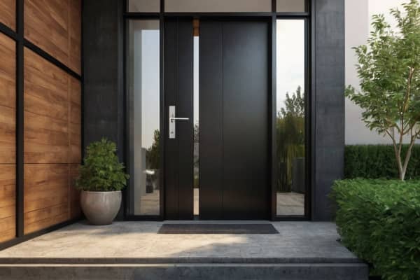 elegante Stahltür in Anthrazit mit klaren Linien und großen Glaspaneelen