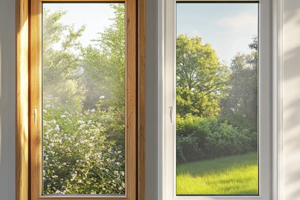 Das Bild zeigt ein Holzfenster neben einem Kunststofffenster