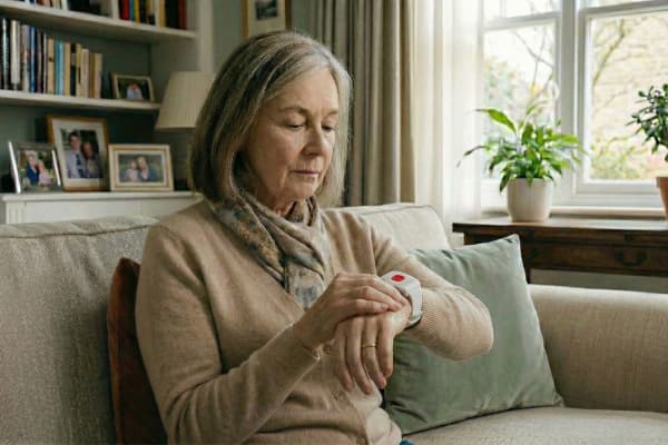 Seniorin betrachtet Notrufknopf an ihrem Handgelenk.