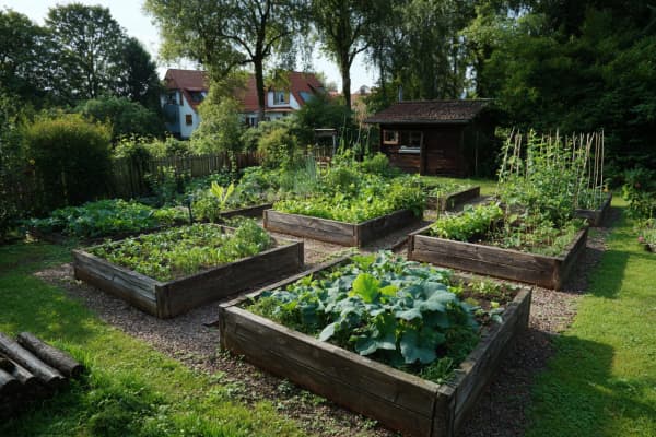 Ein Bauerngarten mit verschiedenen grünen Beeten.