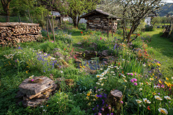 Ein naturnaher Garten mit einem kleinen Teich und viele Pflanzen.