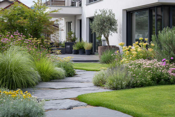 Ein modernes Einfamilienhaus mit einem naturnahen Garten und einer Terrasse.
