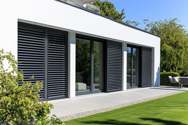 Haus mit Terrassenfenstern und dunklen Rollläden.