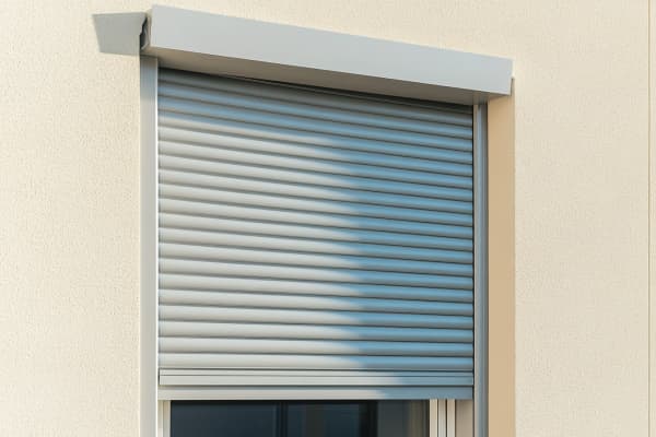 Fenster mit einem hellgrauen Rollladen und Rollladenkasten