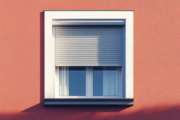 Das Bild zeigt einen geschlossenen Rollladen an einem Fenster mit roter Fassade.