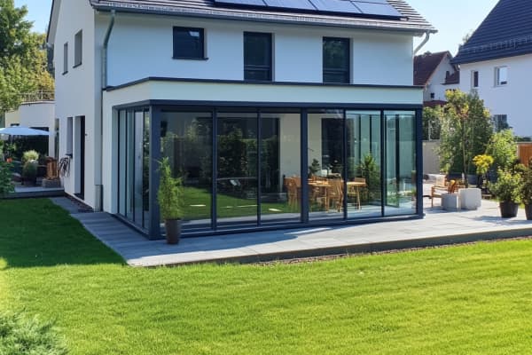 Einfamilienhaus mit Wintergarten und Solaranlage auf dem Dach.