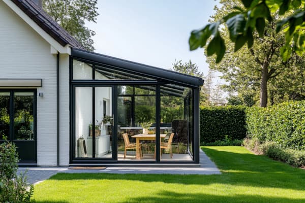 Anlehnwintergarten mit schwarzen Aluprofilen.