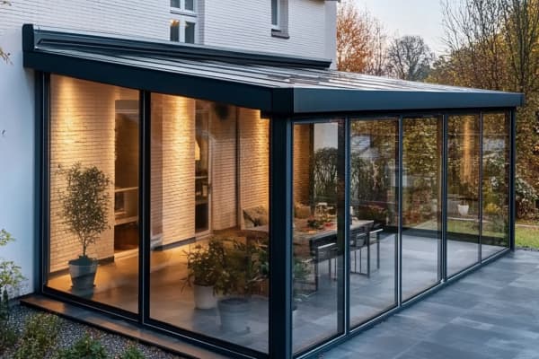 Wintergarten mit großen Glaswänden angebaut an eine Hauswand.