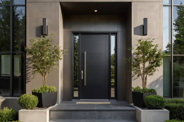 Stahl-Haustür in Anthrazit mit zwei Seitenteilen aus Glas