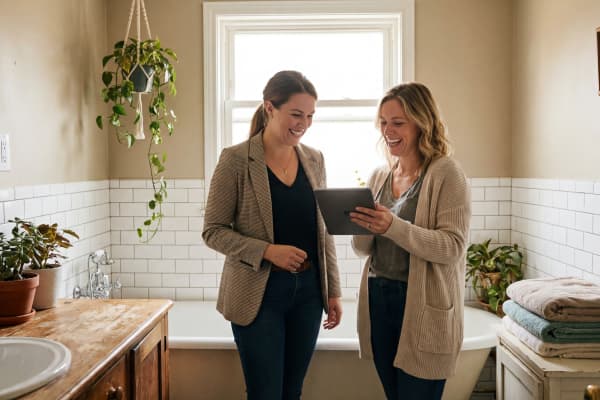 Eine Fachberaterin steht mit einer Hausbesitzerin in einem hellen Badezimmer und zeigt auf einem Tablet die Planung für die neue Badsanierung. Im Hintergrund sind Badewanne, Pflanzen und Handtücher zu sehen.