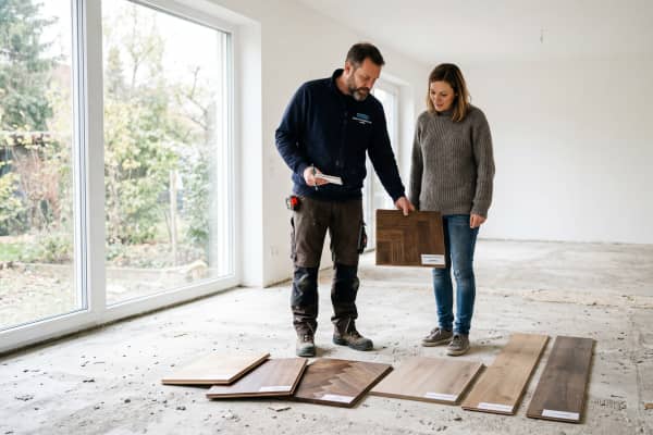 Ein Bodenleger‑Fachberater berät eine Hausbesitzerin im hellen, leeren Wohnraum und zeigt verschiedene Bodenmuster; der Untergrund ist als Estrich sichtbar – typische Szene für den ersten Vor‑Ort‑Termin zur Bodenverlegung.