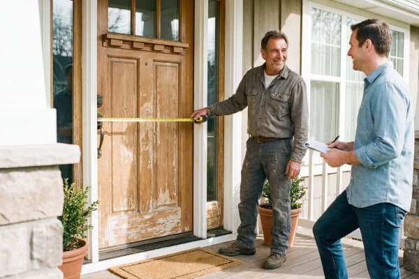 Ein Fachmann misst mit einem Maßband die alte Holzhaustür, während der Hausbesitzer Notizen macht. Beide lächeln und besprechen die Planung für die neue Haustür – sonniger Eingangsbereich, heller Tag.