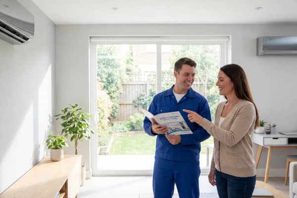 Ein Fachberater steht mit einer Hausbesitzerin in einem hellen Wohnzimmer und erklärt die Installation einer Klimaanlage. Beide lächeln und betrachten gemeinsam Informationsunterlagen, während im Hintergrund ein Klimagerät zu sehen ist.