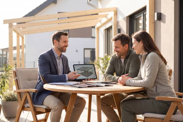 Fachberater zeigt Hausbesitzer‑Paar den Entwurf einer modernen Terrassenüberdachung – Beratung, Planung und Materialauswahl direkt vor Ort.