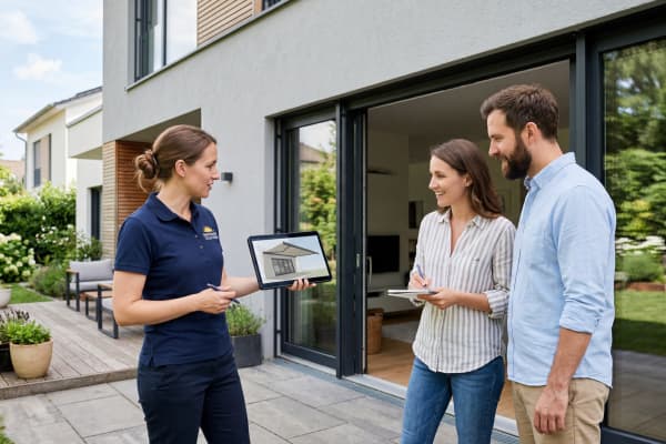 Markisen-Fachberaterin zeigt einem Hausbesitzer-Paar auf der Terrasse eines modernen Einfamilienhauses per Tablet die Planung einer neuen Terrassenmarkise, während gemeinsam die Situation an der Fassade besprochen wird.