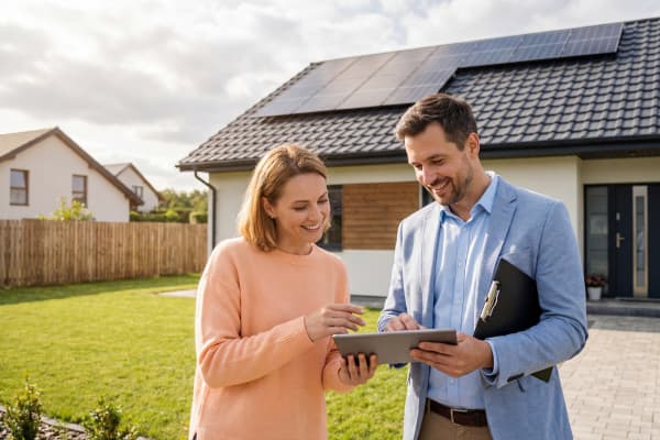 Solarberater und Hausbesitzerin stehen vor einem Einfamilienhaus mit Solaranlage auf dem Dach und besprechen auf einem Tablet die Planung der kommenden Installation.