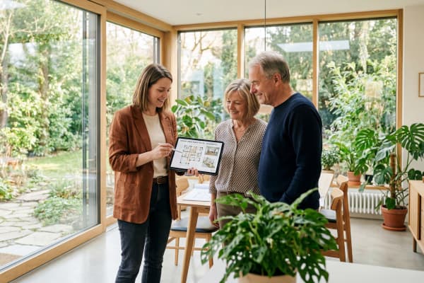 Fachberaterin zeigt Eigenheimbesitzern den Entwurf für ihren neuen Wintergarten – Beratung, Planung und Aufmaß in heller moderner Wohnumgebung.