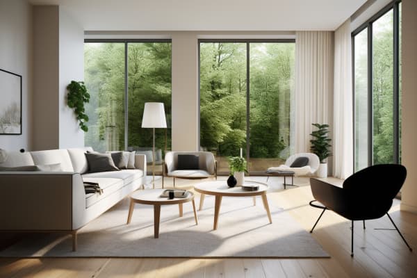 Das Bild zeigt ein modernes Wohnzimmer mit bodentiefen Fenstern