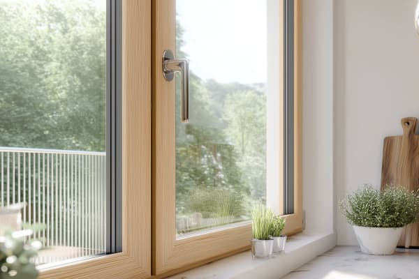 Das Bild zeigt ein modernes Holz-Alu-Fenster mit Ausblick ins Grüne