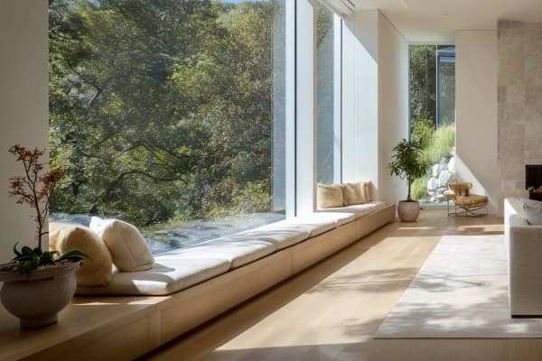 Wohnzimmer mit großer Panoramafenster-Front und Sitzbank