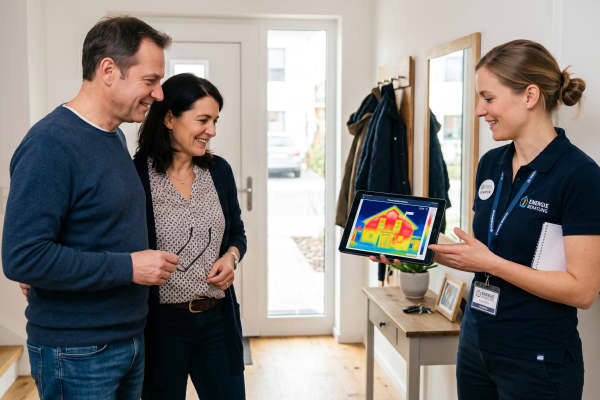 Bei einer Energieberatung vor Ort erklärt eine Energieberaterin einem Hausbesitzerpaar im Eingangsbereich die Ergebnisse einer Thermografie auf dem Tablet – bei natürlichem Tageslicht und seriöser Atmosphäre.