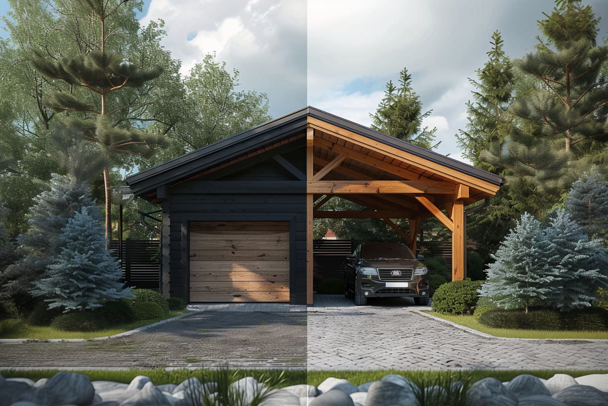 Gegenüberstellung von Garage und Carport in einem Bild. Dargestellt ist ein Gebäude, das auf der linken Seite eine Garage ist, rechts ein Carport mit untergestelltem Auto.