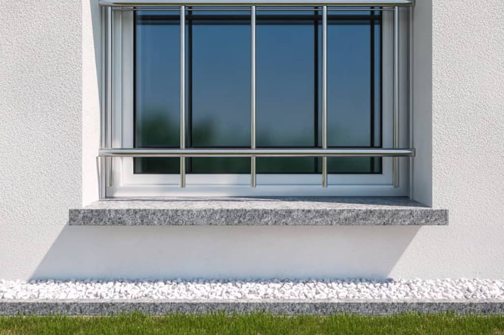 Modernes Kellerfenster mit Edelstahl-Gitter und Granitfensterbank