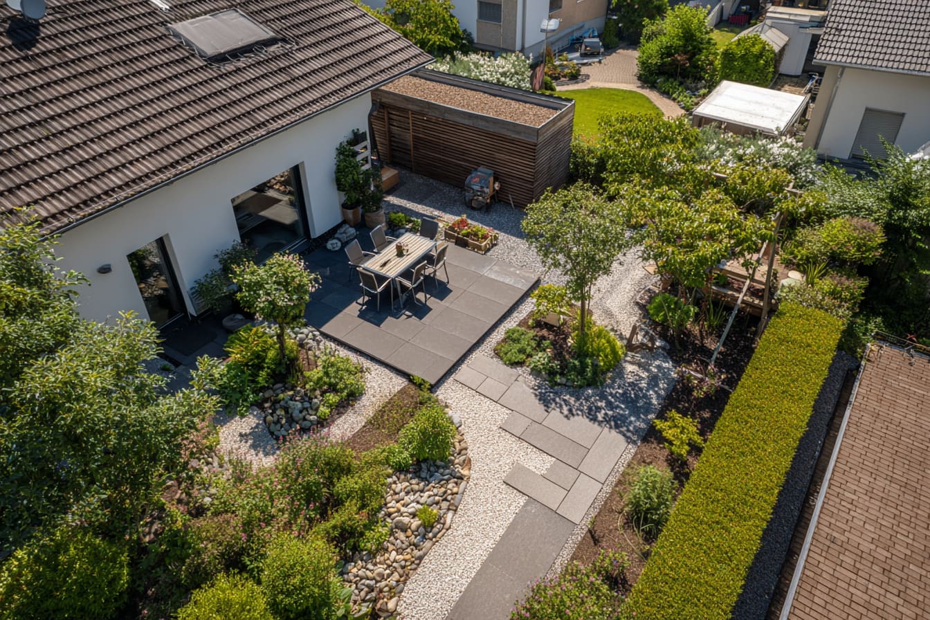 Haus mit Garten mit Terrasse und Beeten.