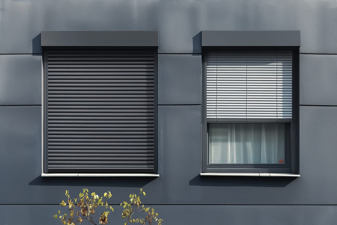 Das Bild zeigt eine Hausfassade mit Rollladen und Jalousie