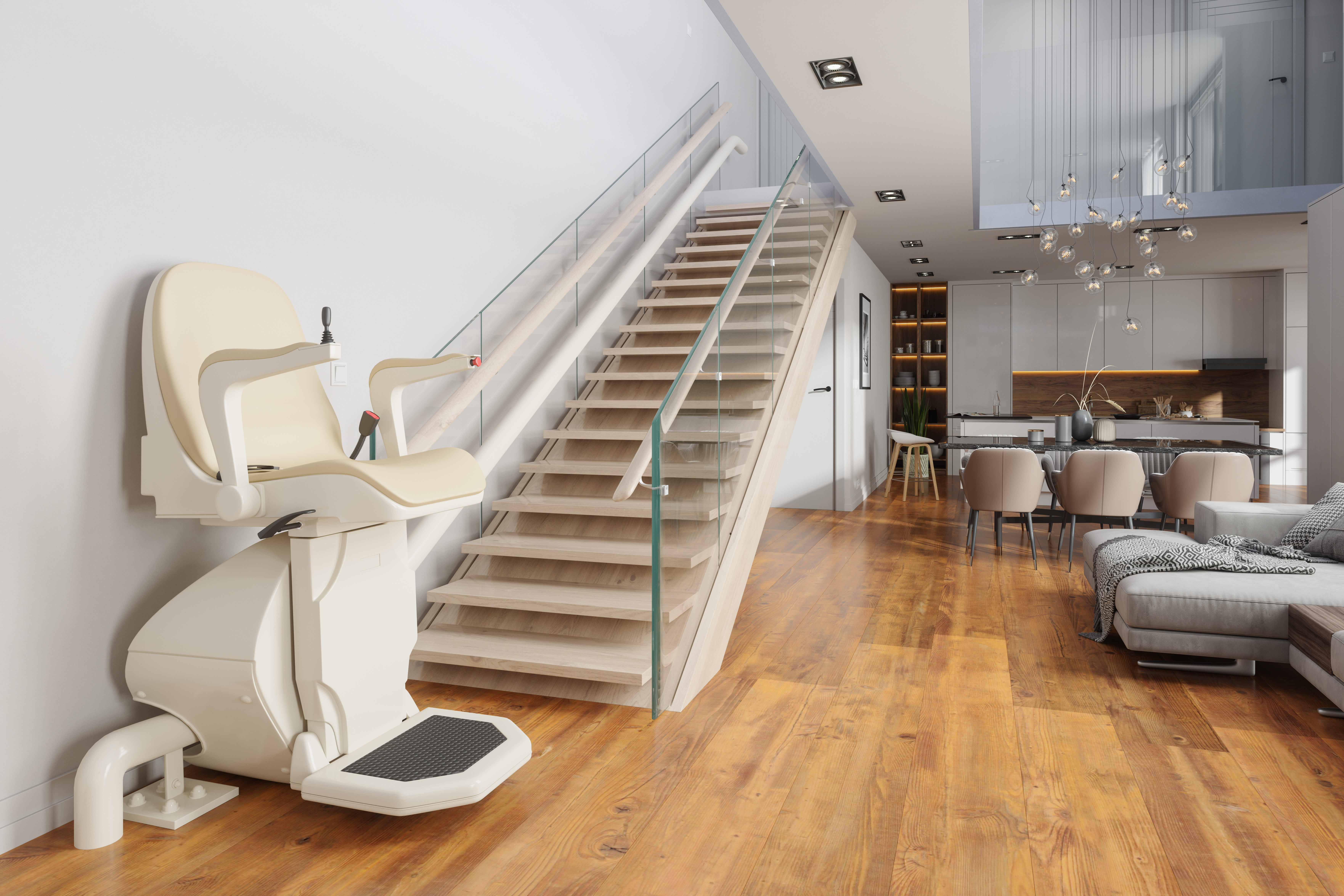 Treppenlift am Fuß einer Treppe in modernem Wohnzimmer